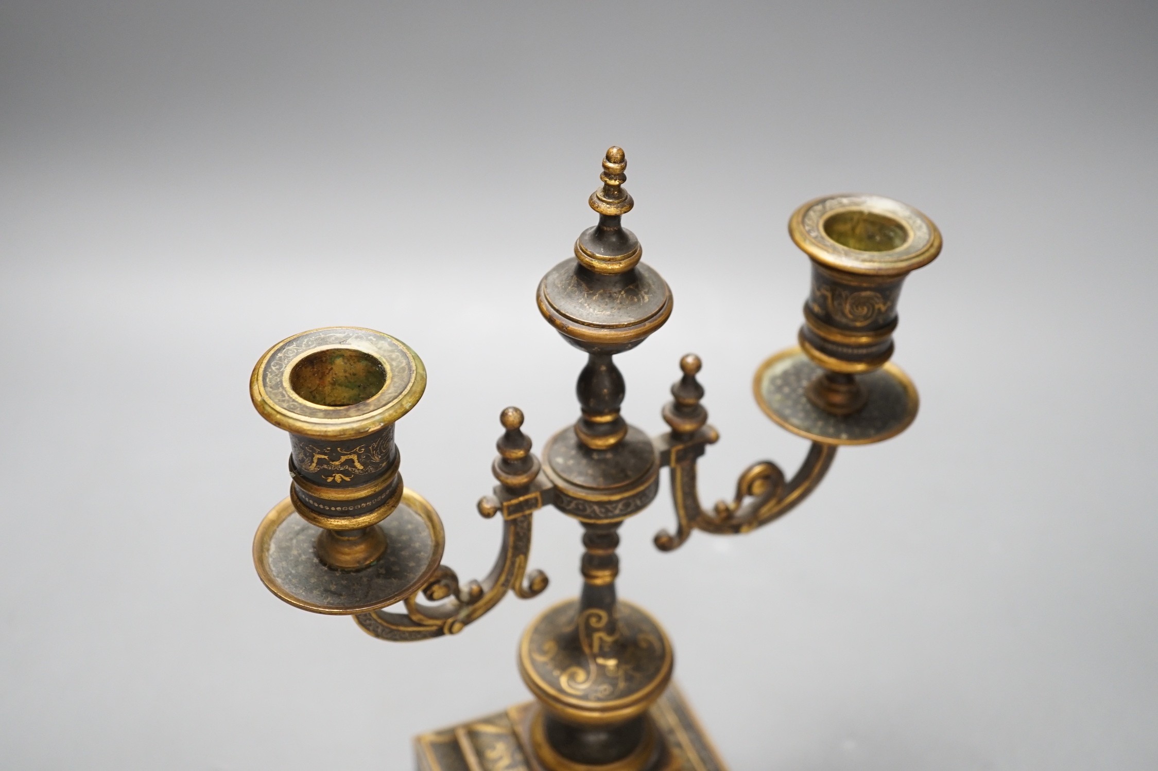 A French two branch niello work candelabrum, 16.5cms high